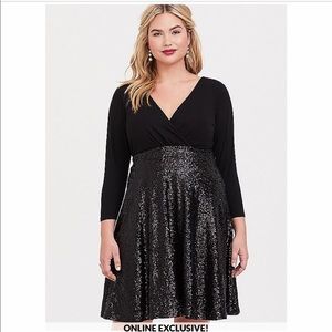 Black Long Sleeve Sequin Skater Dress